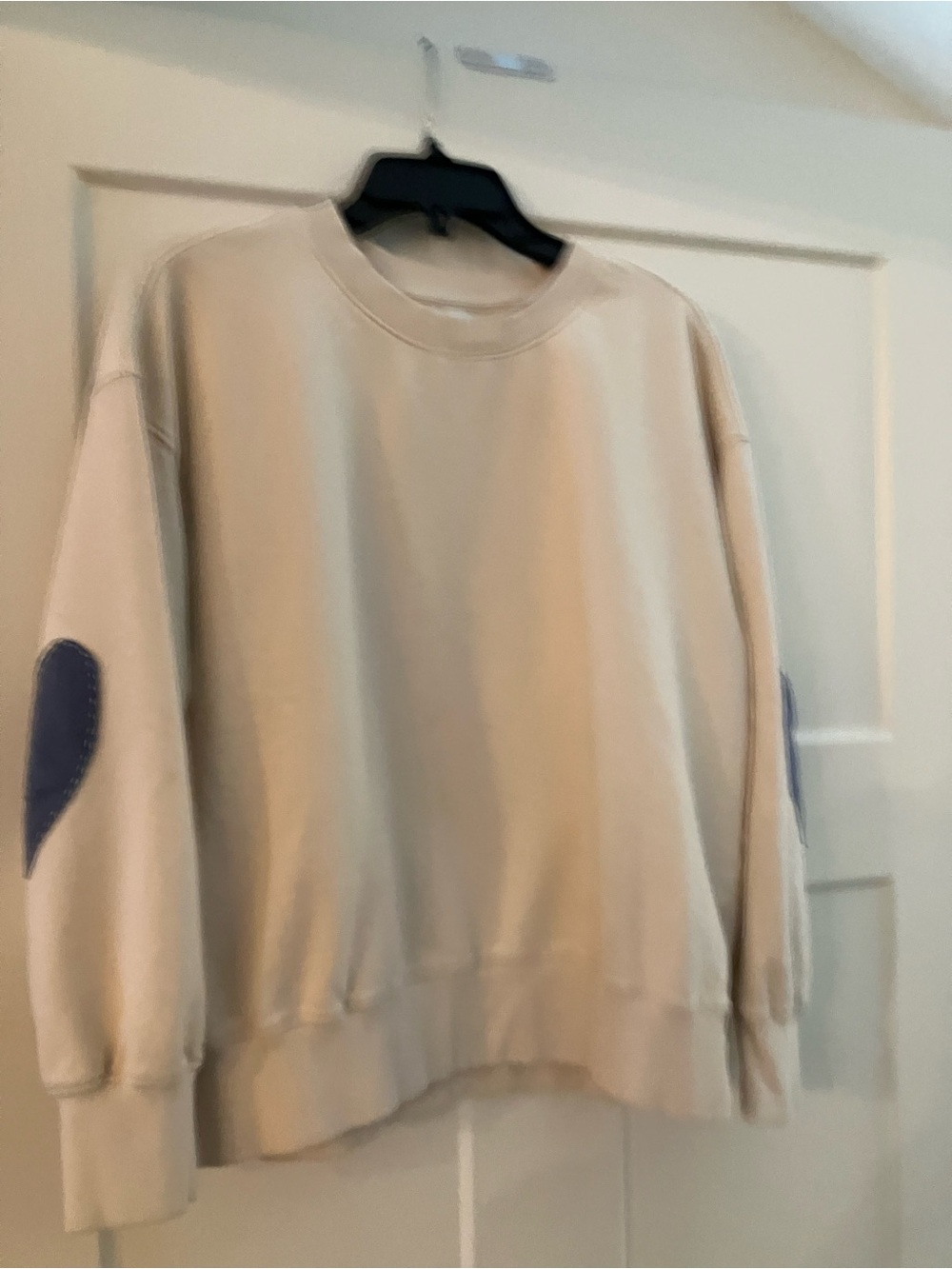 Cream Crewneck Sweatshirt with Blue Heart Elbow Patches